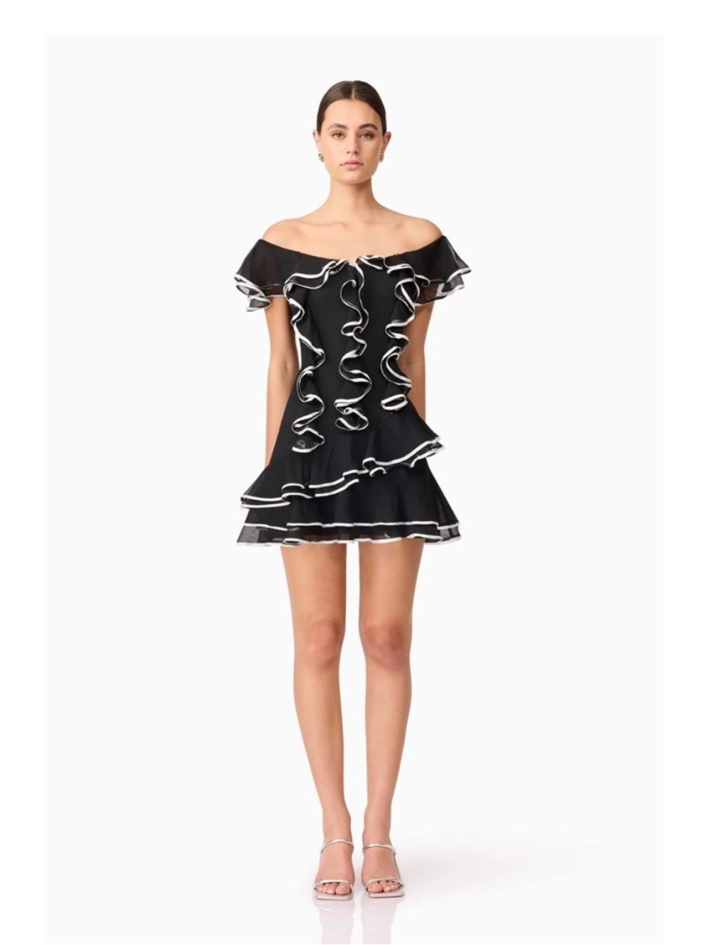 Elliatt Black One-Shoulder Ruffle Mini Dress with White Trim
